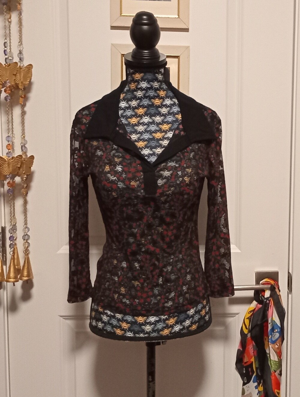 Black & pink YA sheer top with 3/4 sleeves and collar